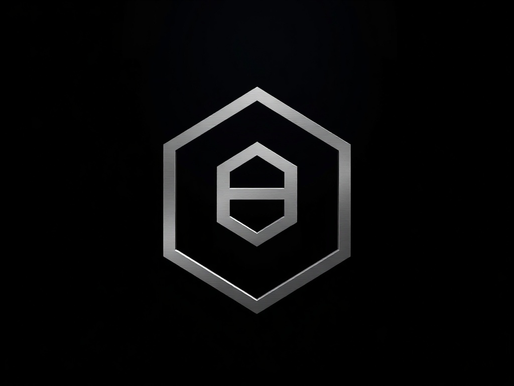 A minimalist geometric logo mark, a stylized 'B' integrated with a hexagon, polished metal texture, dark background, subtle reflection, 8k